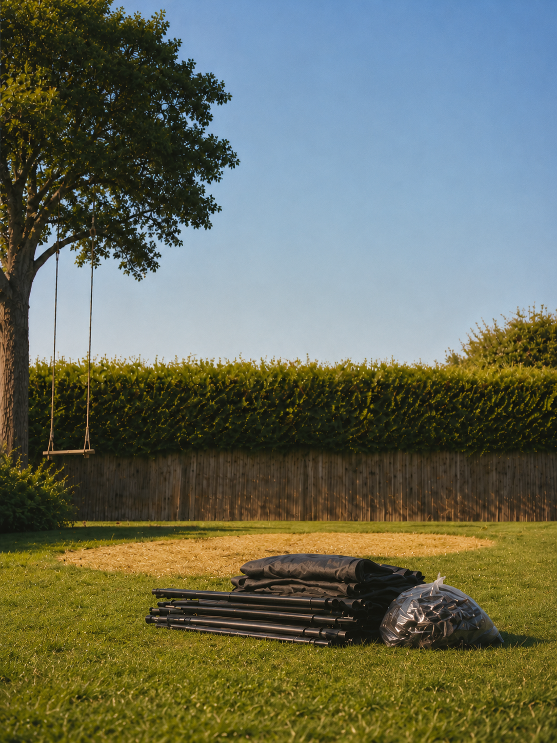 Disassembled trampoline parts stacked beside a bare lawn circle in a backyard